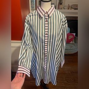 BURU Green and Gold striped Boyfriend Shirtdress, Size Large, NWOT